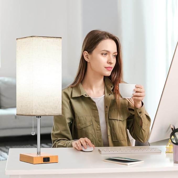18'' Table Lamp for Bedroom set of 2,3-Color Bedside Lamps with Pull Chain | Table Lamps for Nightstand with AC Outlets,Night Light Lamps with 2 Bulbs Lamps for Living Room Kids Room Office Decor（Wood）