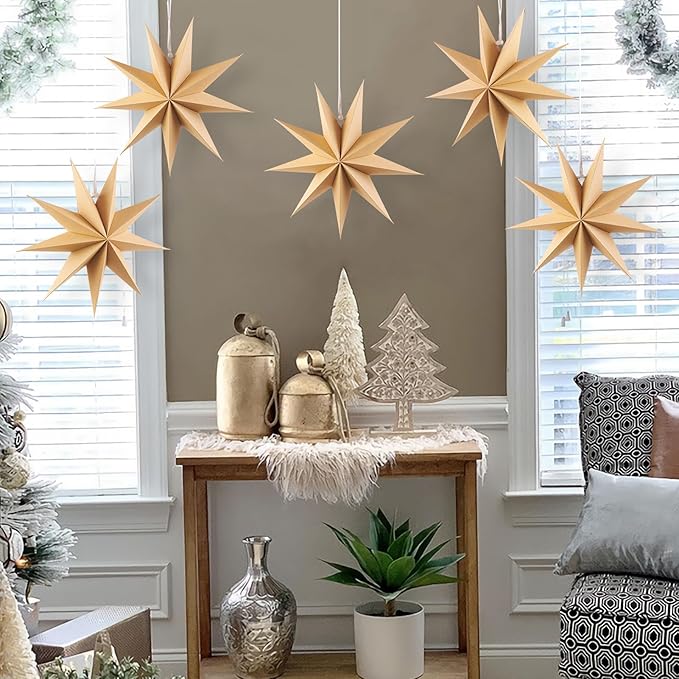 SUNBEAUTY 5 Pcs 9-Pointed Natural Paper Star Lanterns 12 Inch Christmas Hanging Lamp Rustic Paper Decorations Shade Wedding Birthday Christmas Home Party Decorations