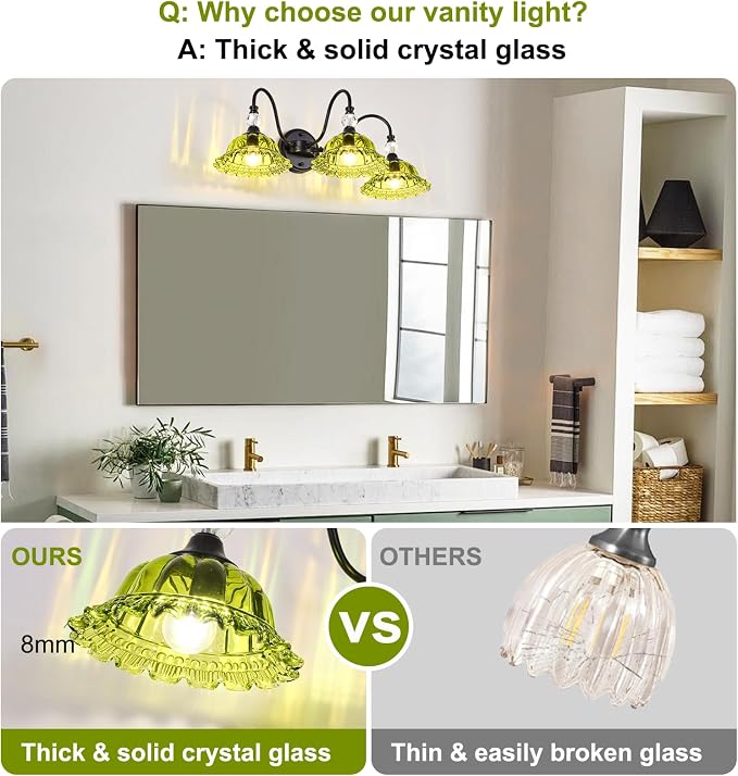 Vintage Bathroom Vanity Light Fixtures 3 Lights Matte Black Vanity Lights for Bathroom with Floral Green Crystal Glass Shades Vanity Wall Lights for Mirror Bedroom Living Room Hallway