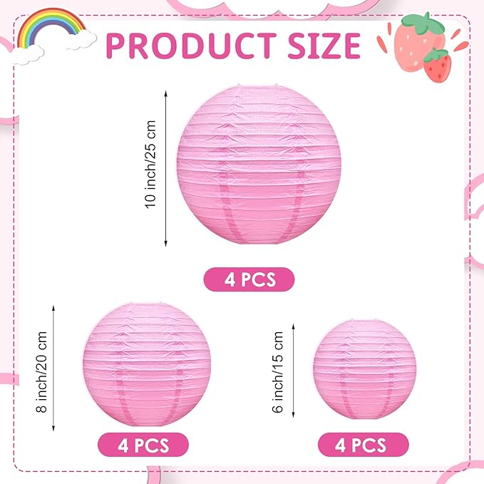 Pink Paper Lanterns Celehappy Hanging Round Paper Lanterns Decorative 6" 8” 10” Chinese Lanterns for Birthday Wedding Party Decoration Baby Showers Valentine Indoor Outdoor 12pcs