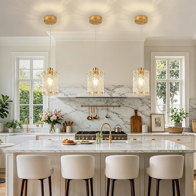 Gold Pendant Lights Kitchen Island 2 Pack Modern Water Ripple Glass Pendant Lights Mini Chandelier Adjustable Hanging Pendant Lighting for Kitchen Island Dining Room Over Sink Table Entryway