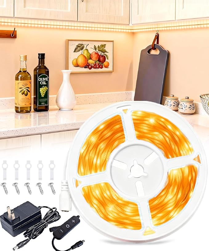 Under Cabinet Lighting 20Ft LED Strip Lights Kit with Dimmer Control for Kitchen, Cabinet, Shelf, Counter 360 LEDs Rope Light Flexible Cuttable Light Strips for DIY
