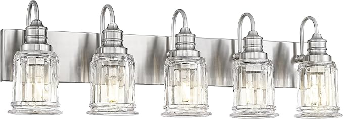 Bathroom Light Fixtures, HWH 5-Light Vanity Light, Modern Brushed Nickel Wall Lighting Over Mirror, Bell-Shaped Striped Glass, 5HZG106B-5W BN