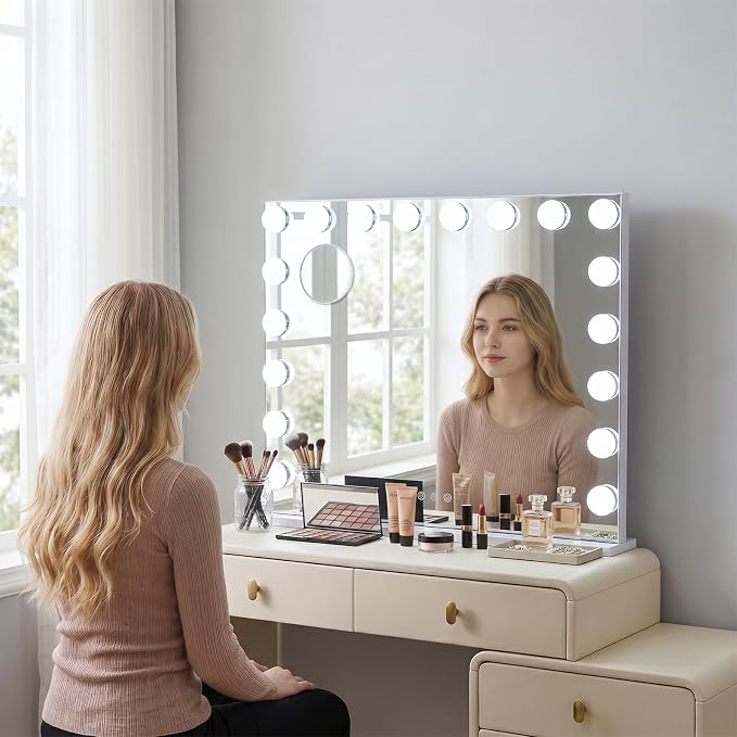 Large Vanity Mirror with Lights, 26"x20.9" Hollywood Mirror with 10X Magnification, 18 Dimmable LED Bulbs & 3 Color Lighting Modes Desk Wall-Mounted Makeup Vanity Mirror