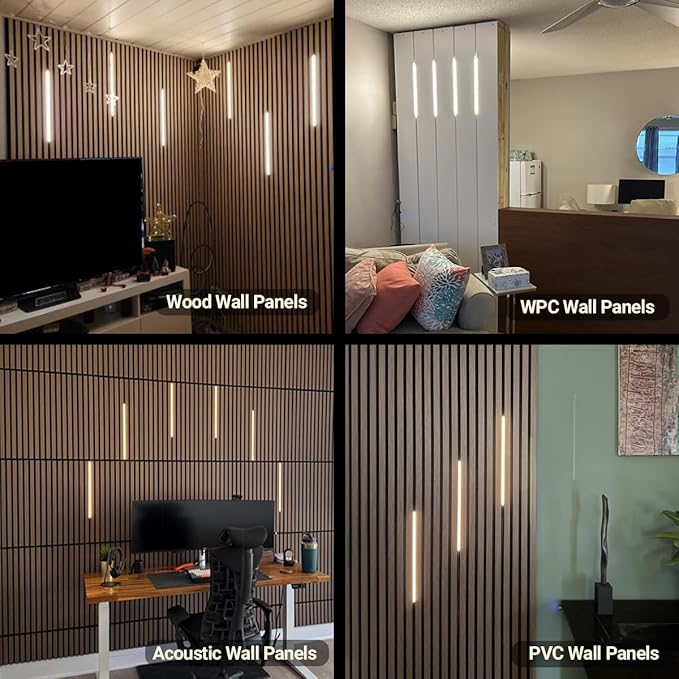 HAMRVL 6pcs 16-Inch DC12V Black 3000K Warm White LED Wall Panel Lights, Self-Adhesive Dimmable Touch Switch Slat Wall Lights Strip for Wood Slat Wall Panels, Media Acoustic Panel, Bedroom Headboard