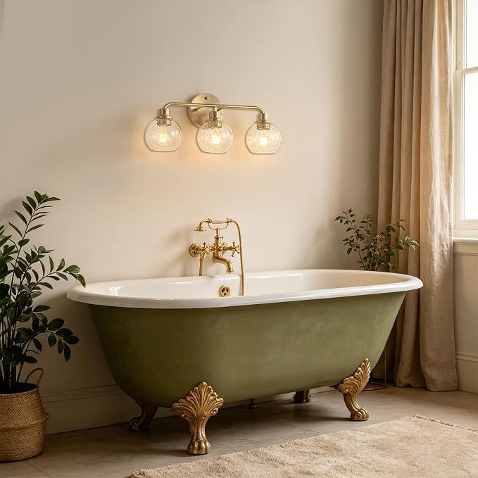 Bathroom Light Fixtures Gold Vanity Light 3 Light Brushed Brass | Wall Sconces Lighting with Seeded Globe Glass Shades Bath Wall Lamp for Mirror Kitchen Living Room Bedroom Hallway