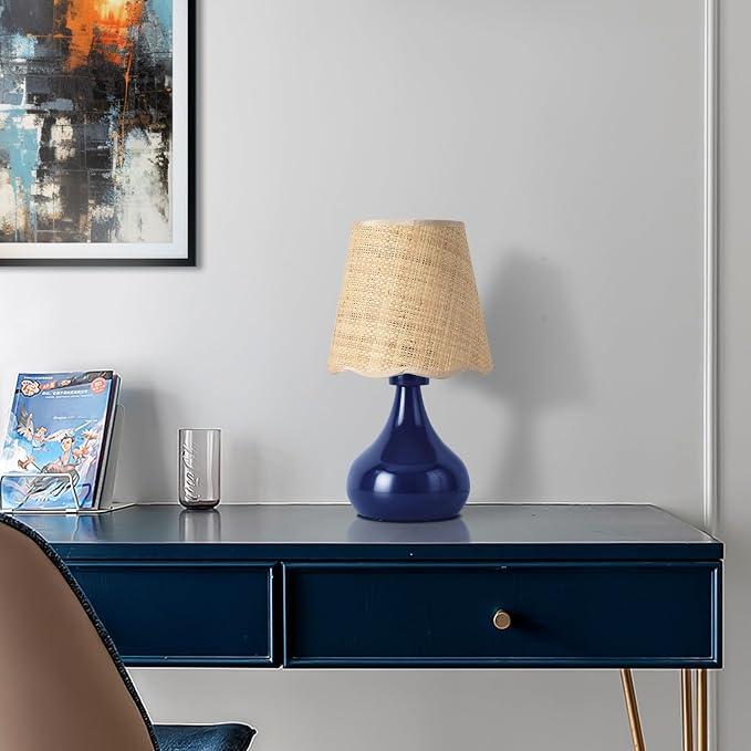 Ziqqeelam Navy Blue Small Table Lamp, Mini Bedroom Lamps for Bedside Nightstand, Rattan Shade Small Table Lamps for Small Spaces for Kitchen Counter, Bookshelf, Home Office, Living Room, Dorm