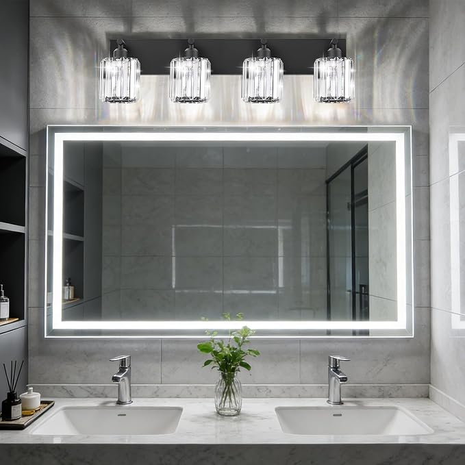 Black Crystal Bathroom Vanity Light, 4-Light Modern Bathroom Lighting Fixtures Over Mirror, Matte Black Wall Sconce Light Fixtures with Round Shade