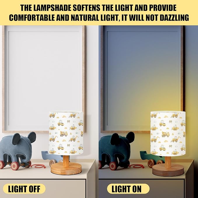 Car Kids Table Lamp for Bedroom Kids Bedside Lamp with Linen Wooden Nightstand Cartoon Nursery Lampshade for Girls Boys Living Room