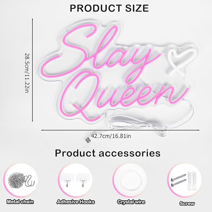 Slay Queen Neon Sign, Pink LED Light Up Signs for Wall Decor Dimmable Girls Neon Sign for Bedroom Dorm Aesthetic Preppy Room Decor Y2k Birthday Party Gifts for Girls