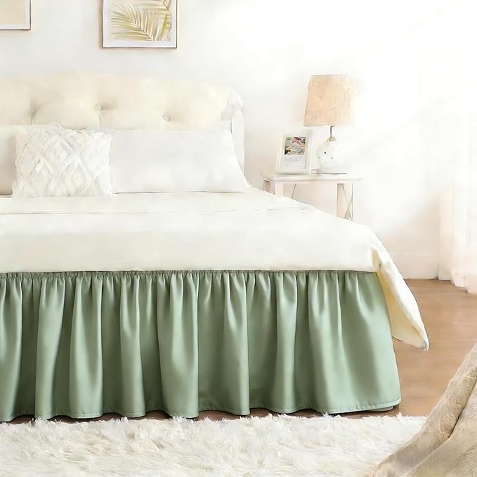 RIMELA Sage Green Bed Skirt Twin Size 15 Inch Drop, Elastic Bed Skirting for Bed Base and Frame, Bedding Dust Ruffle Easy to Install, Wrap Around Adjustable Bedskirt