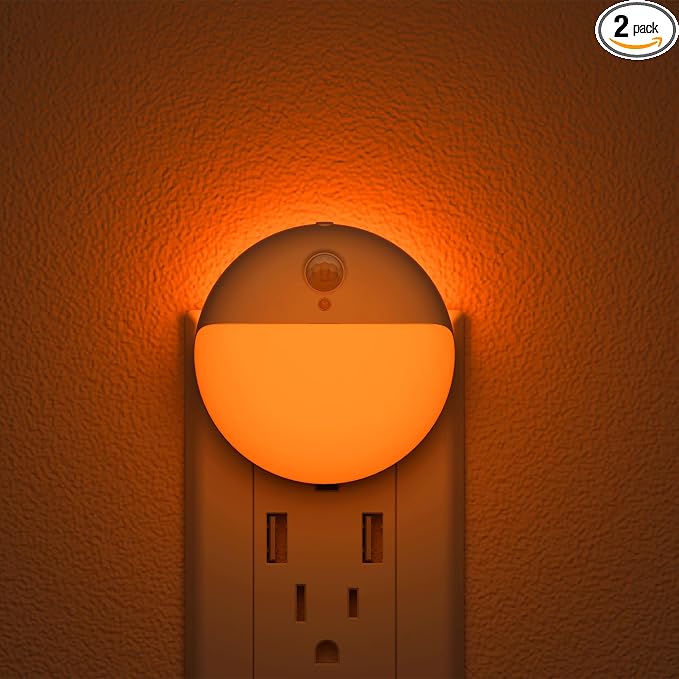Amber Night Lights Plug into Wall, Motion Sensor Nightlight, 2 Pack | 3 Modes, Dimmable, Soft Glow 1-15lm, Auto Dusk to Dawn Sensor, Plug in LED Lights for Bedroom, Sleep, Bathroom, Nursery, Kids