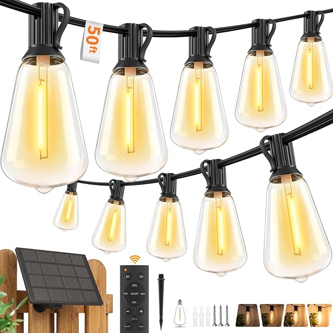 Hotsonic Solar Outdoor String Lights Waterproof, 50FT Remote Control LED Outside Lights with Shatterproof Bulbs, Dimmable Hanging Lights for Patio Porch Garden pergola Yard House Bistro Party decors ﻿