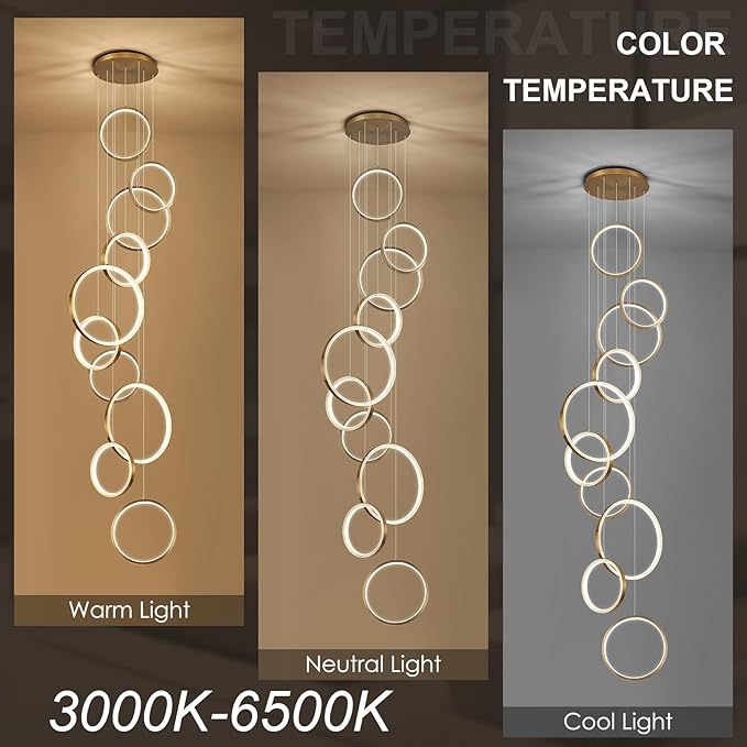 High Ceiling Chandelier 10 Ring Gold Foyer Chandeliers Entryway Long Modern LED High Ceiling Light Staircase with Remote Control for Living Dining Room (98.5in 3000K-6500K)