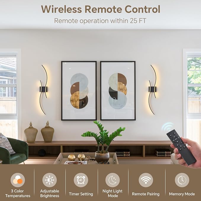 Battery Operated Wall Sconces Set of 2, Dimmable Modern LED Rechargeable Wall Light with Remote Control, Wall Decor for Living Room, Hallway, Quick Install, No Electrician Required
