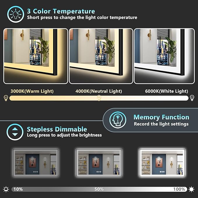 50x30 Black LED Bathroom Mirror, Backlit & Front Lit Lighted Mirror | Metal Framed Anti-Fog Vanity Mirror with Lights, 3 Color Dimmable, Memory, HD Tempered Glass, CRI95, UL Listed, Wall Mounted