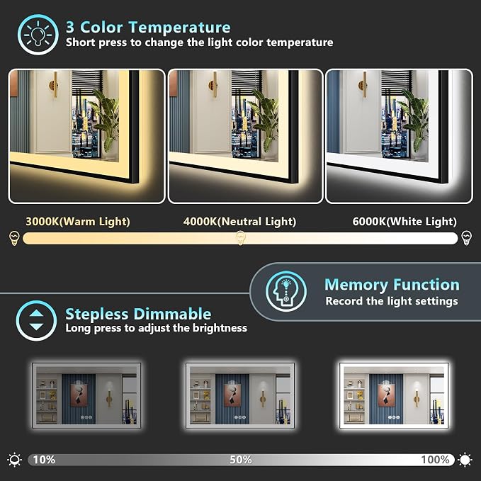 60x36 Black LED Bathroom Mirror, Backlit & Front Lit Lighted Mirror | Metal Framed Anti-Fog Vanity Mirror with Lights, 3 Color Dimmable, Memory, HD Tempered Glass, CRI95, UL Listed, Wall Mounted