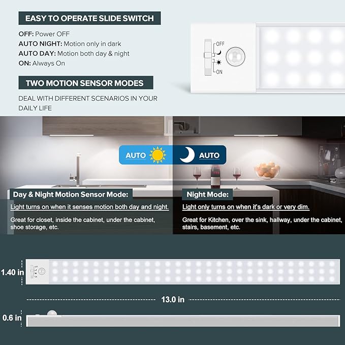 Alivation 60 LED Closet Lights Battery Powered LED Lights, Bright Under Cabinet Lighting, Motion Sensor Light Indoor, Wireless Lights, 2400mah Rechargeable Battery Operated Lights, 120 Days Run Time