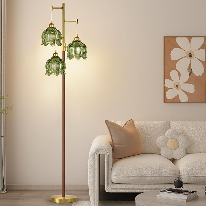 Vintage Floor Lamps for Living Room Bedroom-Wood Dimmable Floor Lamp with Glass Lampshape, Flower Modern Mid Century Standing Lamp Green Tall Tree Floor Lamp for Bedroom Corner