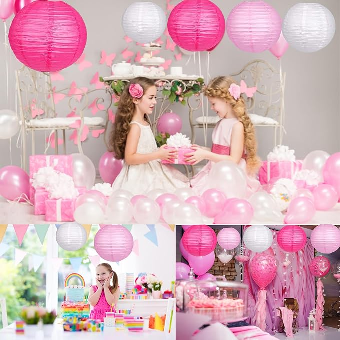 12Pcs Paper Lanterns 6”, 8”, 10”, 12”,Paperlanterns Party Decoration, Pink Paper Lanterns for Wedding, Bridal, Birthday, Outdoor, Home, Garden, Holiday and Party.