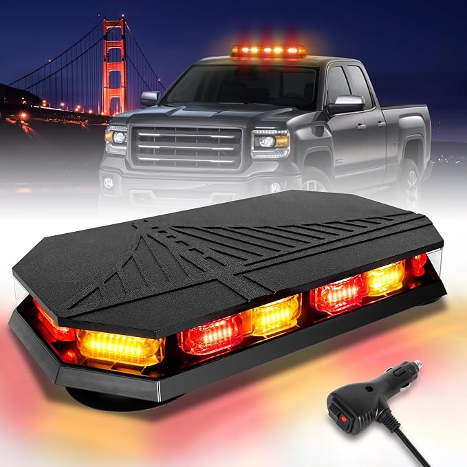 HLauto 406D Rooftop Emergency Strobe Lights Bar, 102 LED Amber Red Mini Beacon Safety Flashing Warning Traffic Lights Bar w/Magnetic Base for 12-24V Trucks, Construction Vehicles, Snowplow, Cars