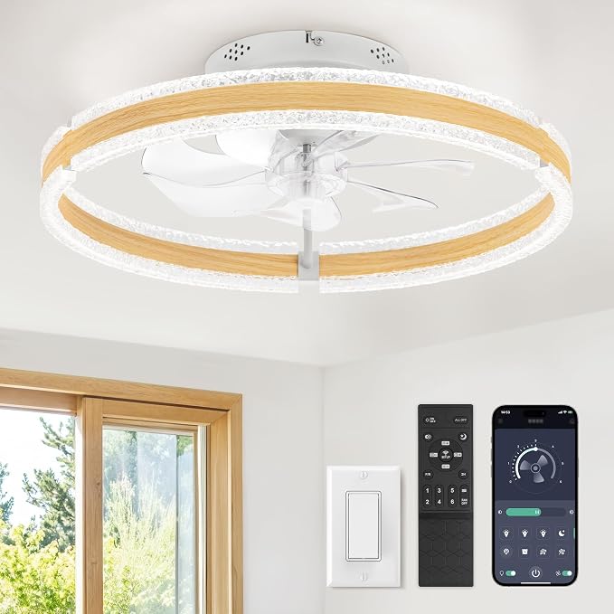 LEDIARY Ceiling Fans with Lights and Remote, 20'' Low Profile Ceiling Fan with Light, 3000-6000K Dimmable Fandelier Ceiling Fans, Modern Flush Mount Fan Light for Bedroom with 6 Wind Speeds-Wood Grain | 3000-6000K Dimmable LED, 6 Wind Speeds, Quiet Rev...