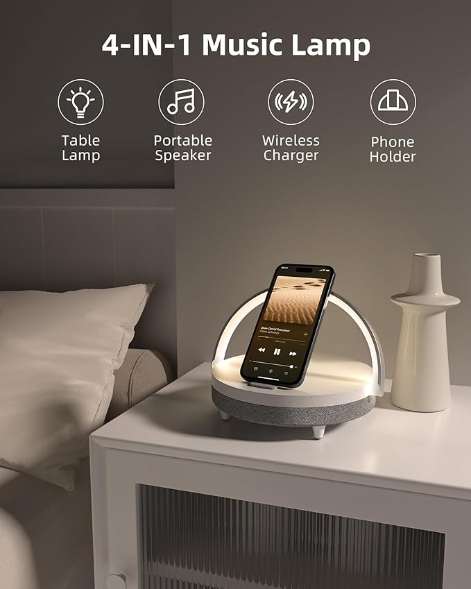 EZVALO Gifts for Women, 4-in-1 Bluetooth Speaker, Bedside Lamp with Wireless Charger, Dimmable Night Light and Phone Holder, Birthday Gifts for Teens, Families and Friends