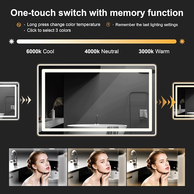 LED Bathroom Vanity Mirror with Lights, 30"x40" Lighted Wall Mirror | Front and Backlit, Anti Fog, Dimmable 3 Color Lighting, Memory Function, Shatterproof Glass, Plug in or Hardwired