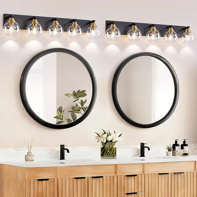 LmnLvn Bathroom Light Fixtures, Farmhouse Black & Gold Metal with Globe | 5-Light Rustic Vanity Lights,Easy To Install, Mounted Over Mirror for Bathroom, Bedroom & Hallway