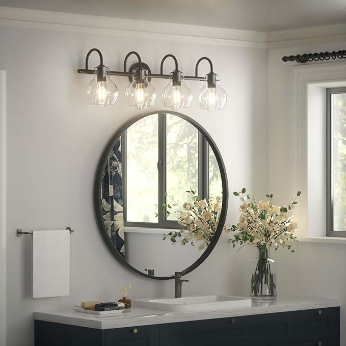 Matte Black Bathroom Vanity Light Fixtures, 4 Light Vanity Lighting Fixtures with Clear Glass Shade, E26 Base, UL Certification (Exclude Bulb)