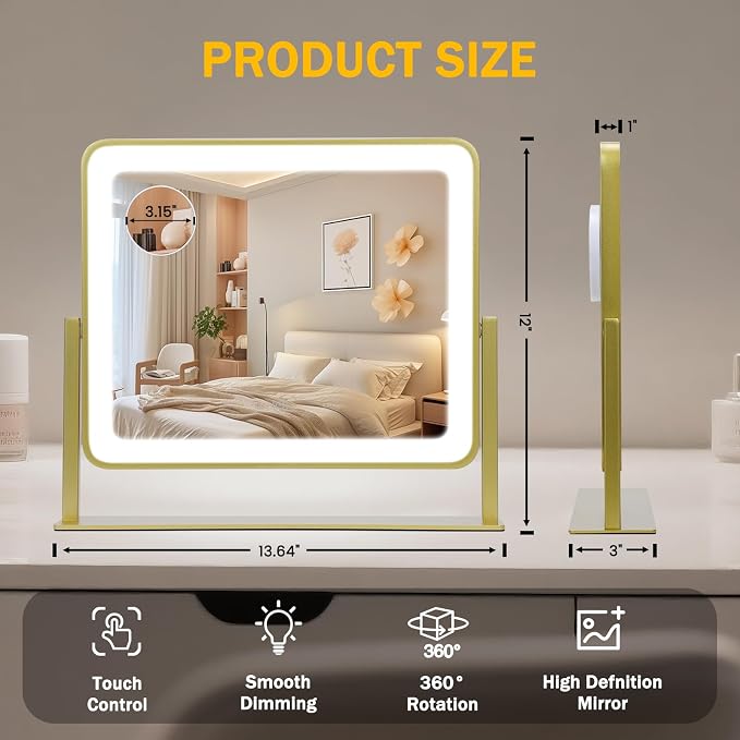 Rechargeable Vanity Mirror with Lights, 3000mAH Battery, 14"×12" LED Makeup Mirror, 10X Magnification, Smart Touch with 3-Color Lighting, 360° Rotation, Lighted Up for Makeup Desk, Bedroom (Gold)