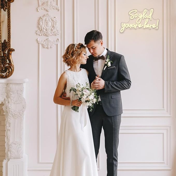 So Glad You Are Here Neon Sign Dimmable Wedding Welcome Neon Lights for Wall Decor Bussines Light Up Sign for Wedding Birthday Decorations Gift