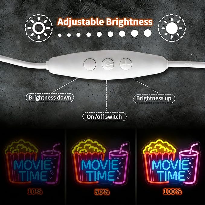 Movie Time Neon Sign with Popcorn & Drink - Dimmable LED Light for Home Theater & Movie Night Room Decor | Gift for Film Lovers (15x12”)