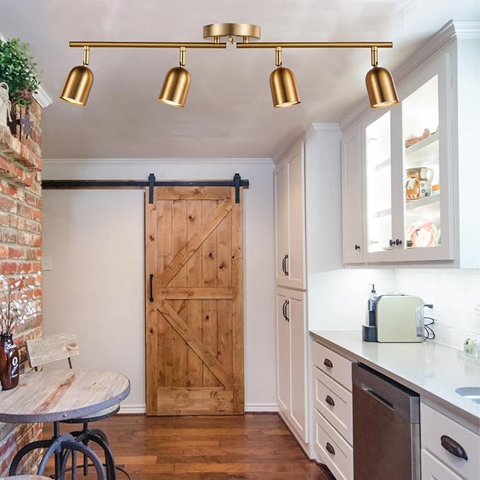 4 Light Track Lighting Kit, Matt Brass Finish Flexibly Ajustable with Modern Flush Mount Ceiling Spotlight for Kitchen,Living Room, Farmhouse Home mprovement