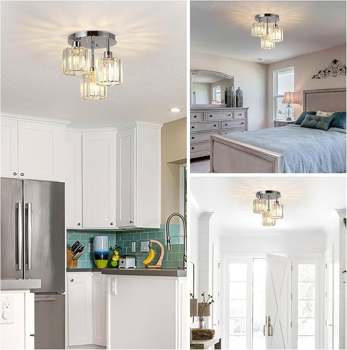 PAUFUL Semi Flush Mount Ceiling Light,3-Light Modern Close to Ceiling Light Fixtures,Kitchen Light with Clear Crystal Shades, Hallway Light Fixtures for Kitchen Entryway Bedroom Bathroom Foyer