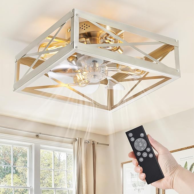 LEDIARY Caged Low Profile Ceiling Fans with Lights and Remote, Brushed Nickel Square Flush Mount Ceiling Fan, 6 Speed and Reversible, Small Modern Farmhouse Bladeless Ceiling Fan for Bedroom, Kitchen
