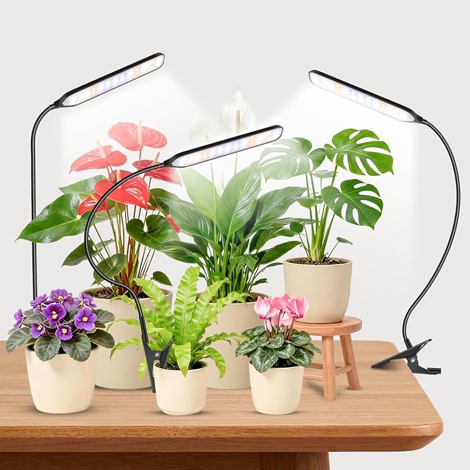 Plant Lights, LED Full Spectrum with Gooseneck & Clip, 3Pack | 6000K Rectangular Grow Lights for Indoor Plants, Timer 6/12/16Hrs, 3 Spectrums, 5 Dimmable Levels, for Pot & Table