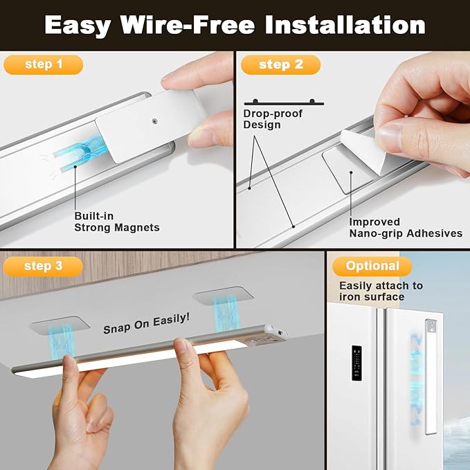 Motion Sensor Light Indoor, 80 LED Under Cabinet Lighting Battery Operated with 3 Color Temps, 1800mAh Rechargeable Closet Lights Wireless for Kitchen, Pantry, Stair (2 Pack)