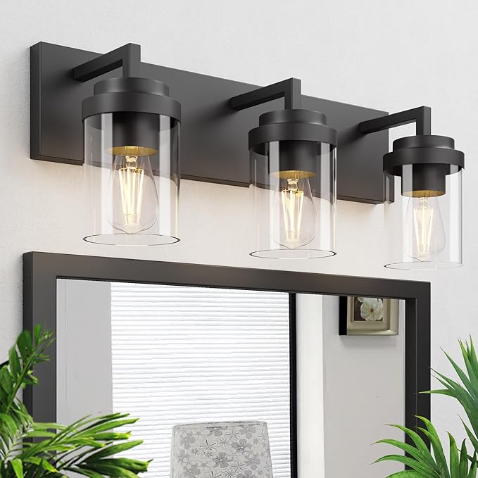 Bathroom Vanity Light, 3 Light Matte Black Vanity Lights with Clear Glass Shade, 22in Modern Wall Sconces, Bathroom Lighting Fixtures Over Mirror for Living Room