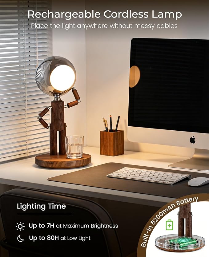 Cordless Table Lamp, Rechargeable Wooden Desk Lamp, Dimmable, Gift | Black Walnut, Touch Control, 3 Color Temperatures, Stepless Dimming, Home Decor, Gifts, Nightstand Robot Lamp