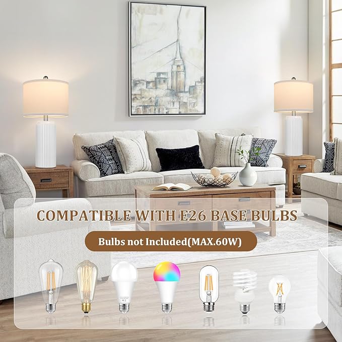23.5" White Ceramic Table Lamps Set of 2, Modern Nightstand Lamps | Bedside Table Lamps with White Linen Shade, Ideal Size, Farmhouse Home Decor for Living Room Bedroom Office End Table Dorm