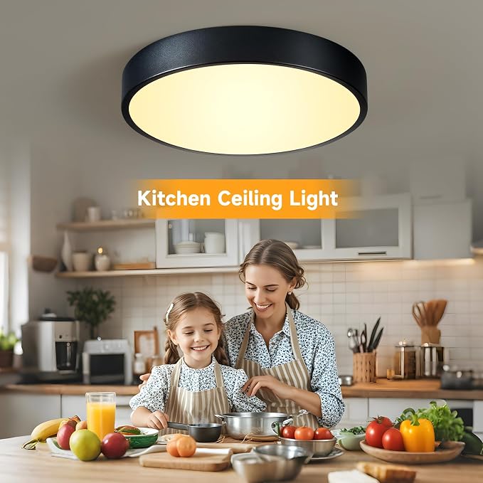 Flush Mount Ceiling Light Black LED Dimmable 5CCT 12 Inch 24W | 2700K, 3000K, 3500K, 4000K, 5000K, Iron Construction, IP40, For Bathroom, Bedroom, Kitchen, Entryway, Closet & Hallway, ETL