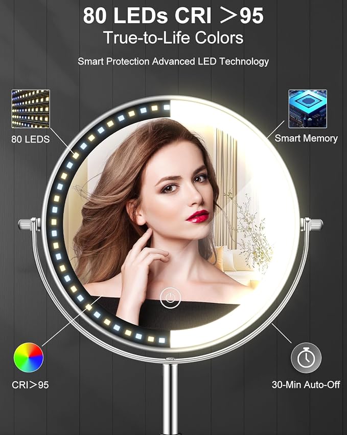 1X/30X 8" Magnifying Makeup Mirror with Lights Height Adjustable for Desk | 3000mAh Rechargeable Lighted Magnifying Mirror Double Sided Vanity Mirrors with 3 LED Lighting Touch Dimmable for Women Gift