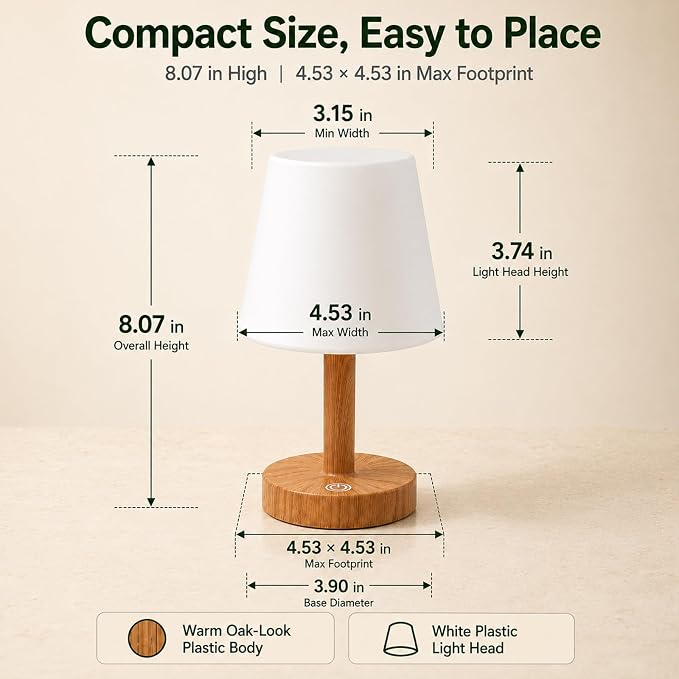 Rechargeable Table Lamp, Mini Cordless Shower Lamp for Bathroom, IP54 | Warm Oak-Look Body, Compact Fit for Small Surfaces, Warm-to-Cool Ambience, Touch Dimming with Brightness Memory