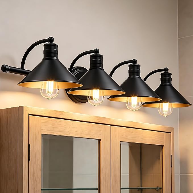 4 Light Bathroom Vanity Light Over Mirror - Black and Gold Farmhouse Wall Light for Bathroom Vanity Powder Room, Rustic Goose Neck Barn Style 4 Bulb Wall Sconce Over Kitchen Sink