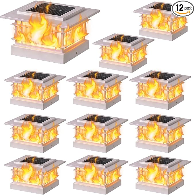 Dynaming 4x4 Solar Post Cap Lights Outdoor with Flickering Flame Light, 12 Pack White Shell Fence Post Solar Lights Fit Vinyl/Wooden Posts, Brightness LED Lighting Decor for Garden Deck Patio