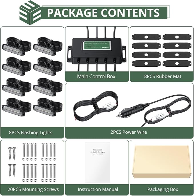 EYPINS LED Surface Mount Strobe Lights Kit,White Amber Flashing Car Truck Strobe Light,8pcs Surface Mount Emergency Warning Flashing Strobe Lights,30 Strobe Mode,Memory Function,12V,24V,Waterproof
