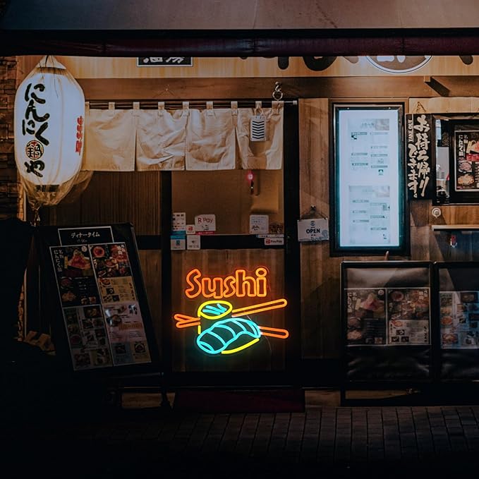 Dimmable Sushi Neon Sign 16.5 * 12.6 Inch LED Sushi Light Up Sign For Wall Decor USB Powered Japanese Neon Light for Sushi Shop Restaurant Home Kitchen Party （Yellow Ice Blue Orange）