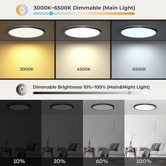 Matane 12in LED Flush Mount Ceiling Light Fixture with Remote Control, Nightlight 2000K Warm, 24W 3000K-6500K Adjustable, Wired Low Profile Ceiling Lights for Bedroom, Kitchen, Living Room Black