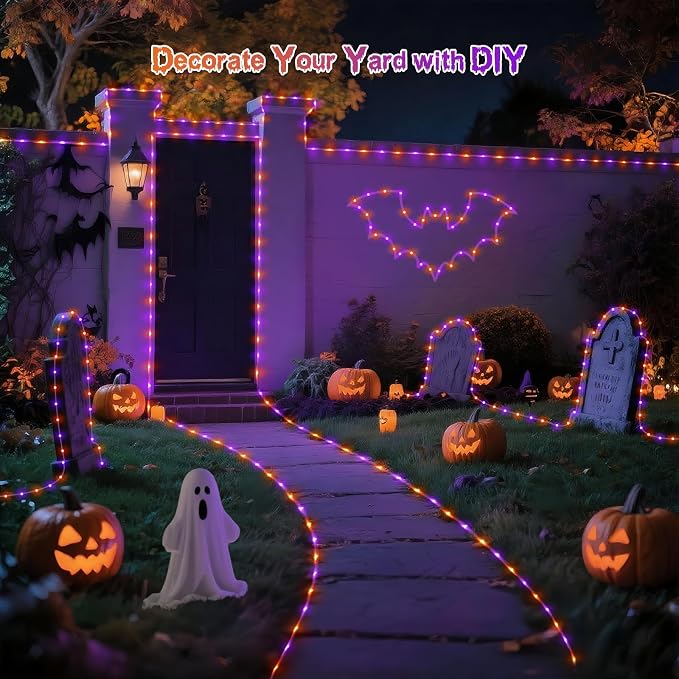 JMEXSUSS 2 Pack Orange and Purple Battery Operated Halloween String Lights | Total 200LED 8 Modes Remote Control Battery Powered Rope Lights Outdoor Waterproof for Halloween Decor
